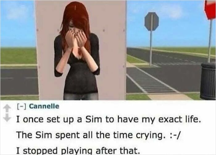 Screenshot of a cynical meme about a Sim character crying, highlighting hilarious memes with a hint of cynicism.