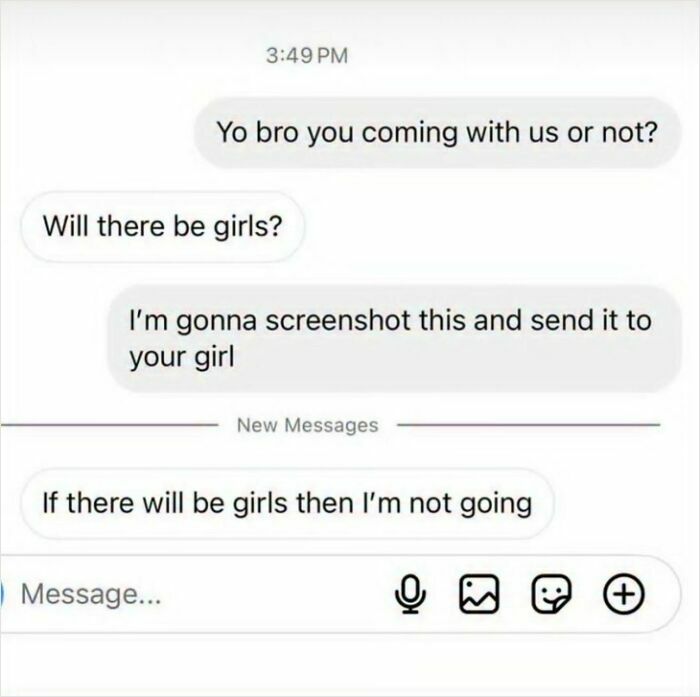 Text message meme showing a cynical conversation about attending an event if there will be girls involved.