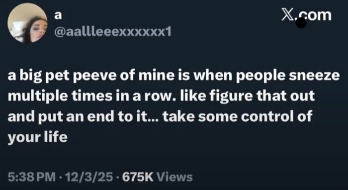 Tweet text about pet peeve of people sneezing multiple times in a row, showcasing hilarious memes with cynicism.