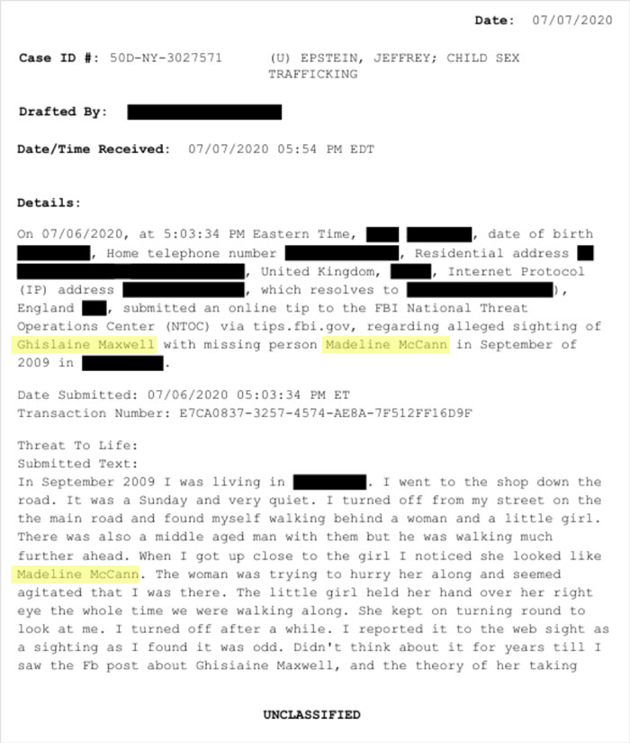 Declassified FBI document referencing Ghislaine Maxwell and Madeleine McCann in a reported sighting case. Declassified FBI document referencing Ghislaine Maxwell and Madeleine McCann in a reported sighting case.