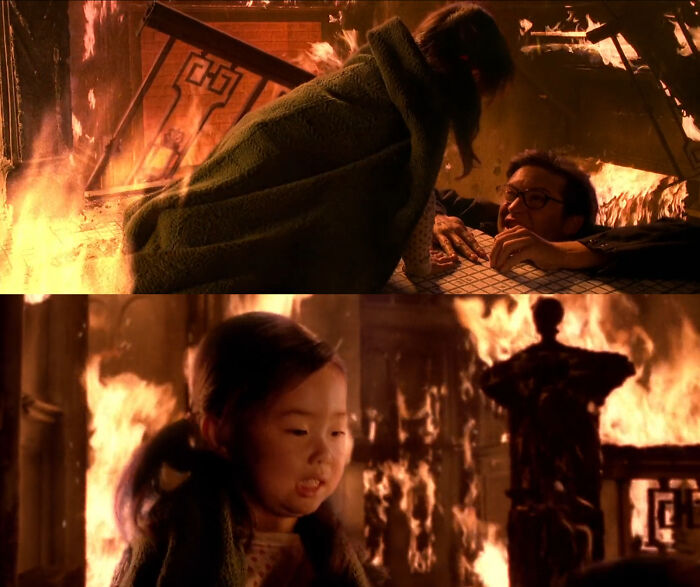 Scenes from a movie showing characters in a fire, illustrating hilariously absurd movie and TV details that are made up yet accurate.