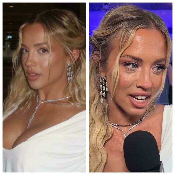 A split image of a woman on social media, posing with a filter on the left and appearing more natural on the right.