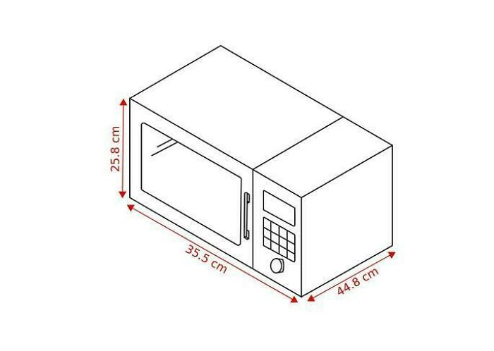 A diagram of a microwave oven with incorrect dimension labels, like a 35.5 cm width and 44.8 cm depth, a funny fail.
