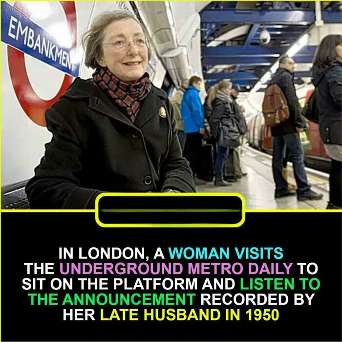 Amazing photo of a woman in London listening to a metro announcement, a touching tribute to her late husband.