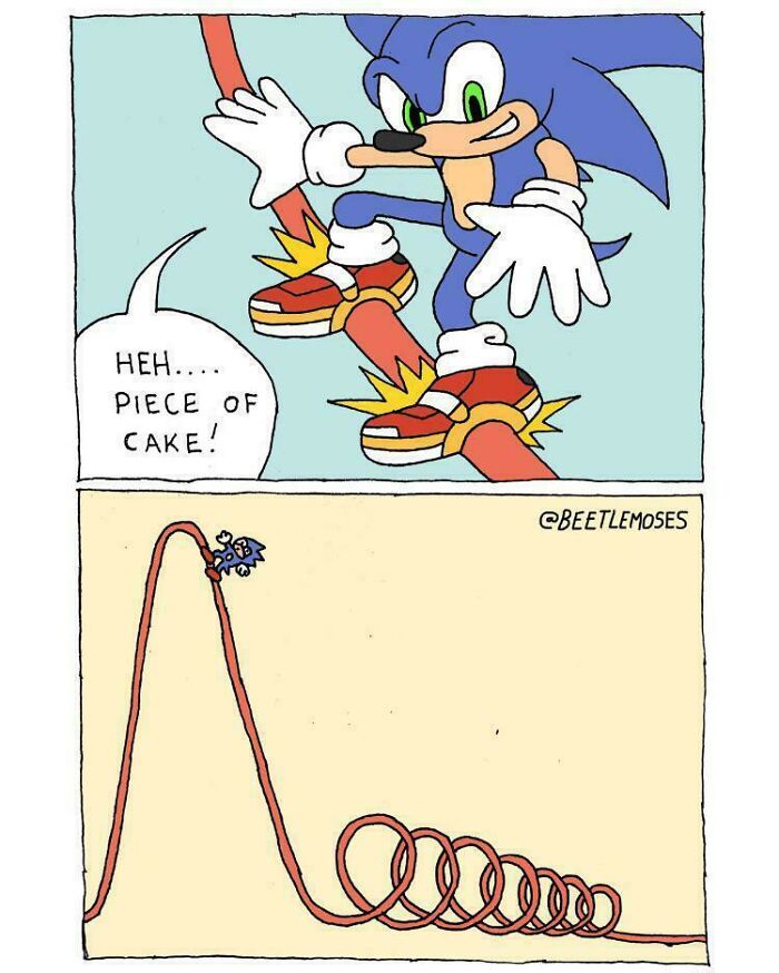 Sonic the Hedgehog on a rollercoaster that spirals into a complex loop, explaining the joke with a piece of cake comment.