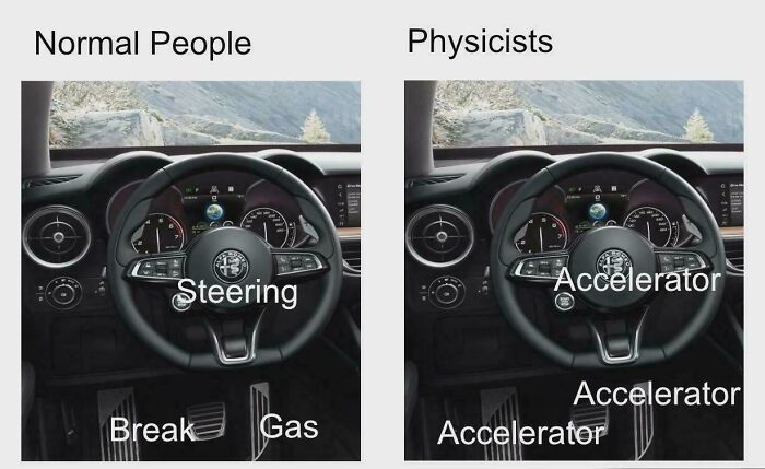 A meme comparing normal people and physicists labeling car pedals. People need an explanation for the joke.