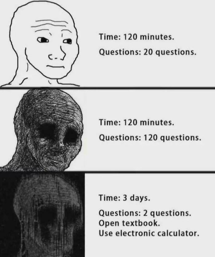A meme showing three panels with increasing stress levels of a person, illustrating different exam difficulties and how people explain the joke.