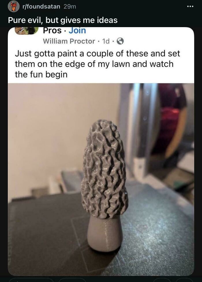 A 3D-printed mushroom-like object on a table, representing people explaining the joke.