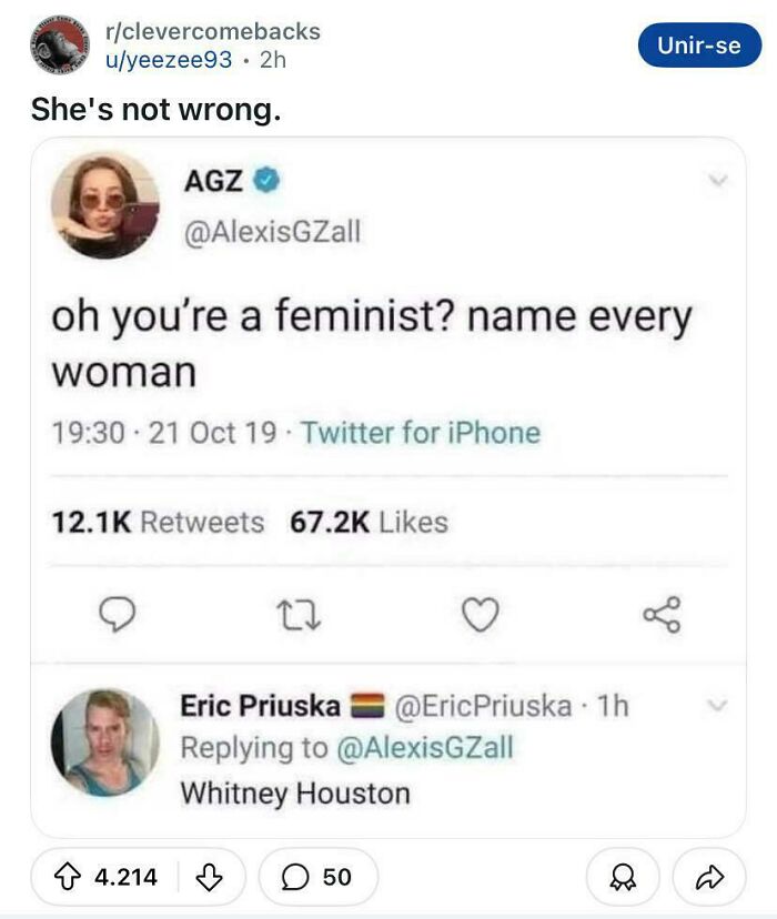 A social media post where someone asks a feminist to name every woman, and a person replies with Whitney Houston, explaining the joke.