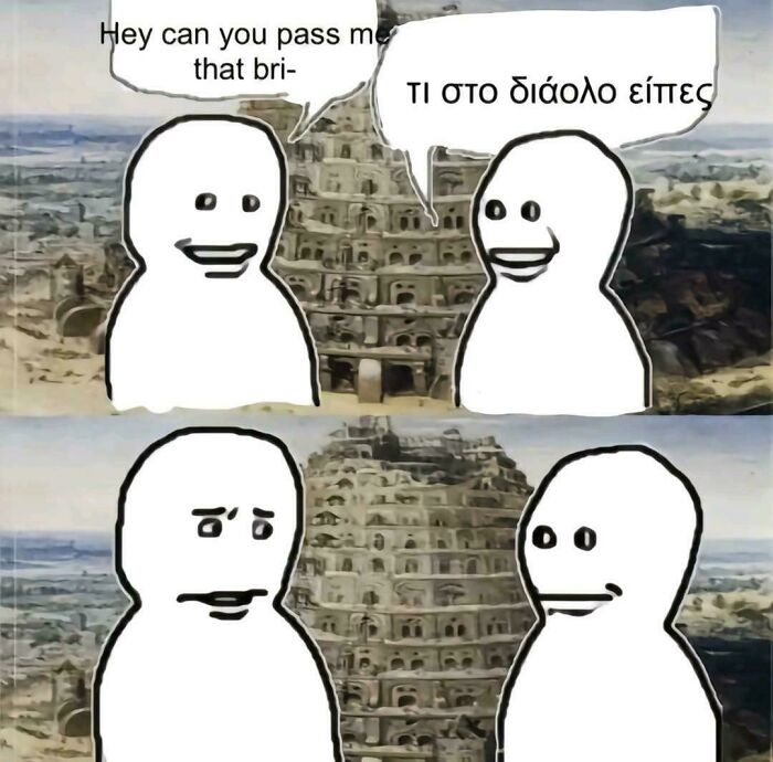 A meme with two stick figures talking in front of a temple, asking to explain the joke in the conversation.
