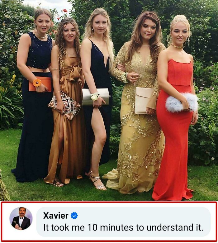 Five women in dresses standing outdoors, with a comment from Xavier below, people need to explain the joke.