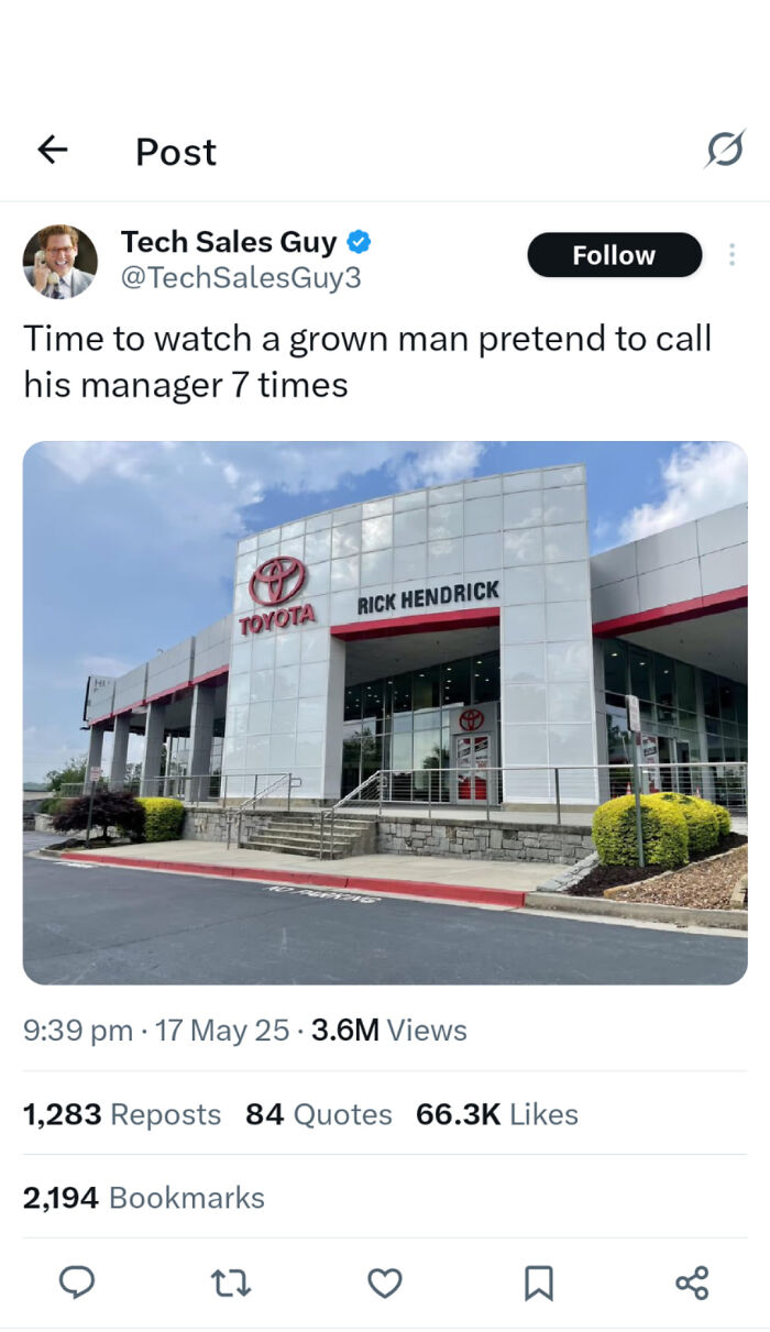 A tweet from Tech Sales Guy about explaining the joke of a salesman pretending to call his manager.