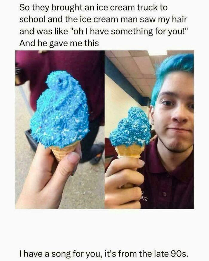 A man with blue hair holding a matching blue ice cream, an internet joke that delivered a laugh.