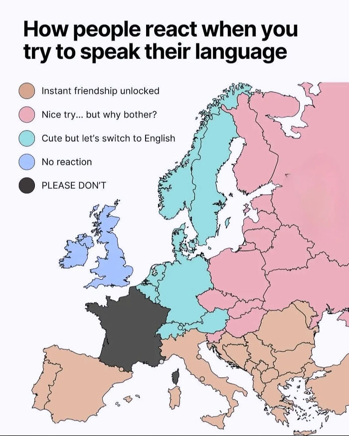 A map of Europe depicting different reactions when people try to speak a foreign language, explaining a joke.