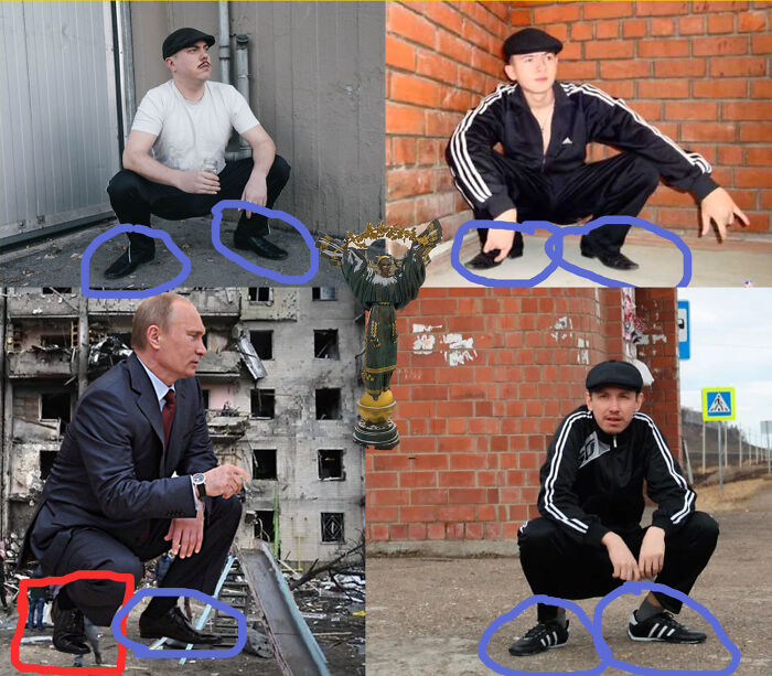 Collage of four men squatting. People often need jokes explained to them.