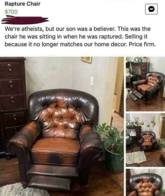 A humorous online listing for a 'Rapture Chair' by atheists explaining the joke of selling it for $700.