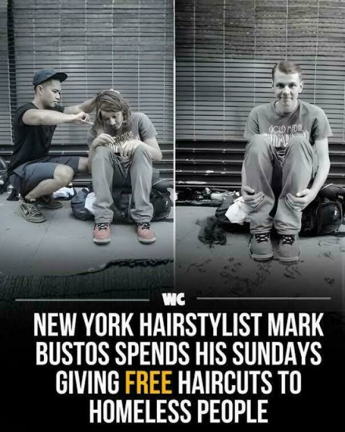 Amazing photo of a New York hairstylist giving free haircuts to a homeless person, showcasing kindness.