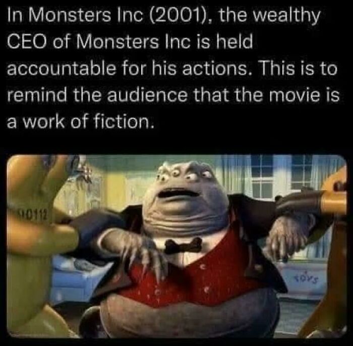 Still from Monsters Inc. shows Waternoose, a crab-like CEO, being apprehended, a geek thing and a mix of intelligentsia.