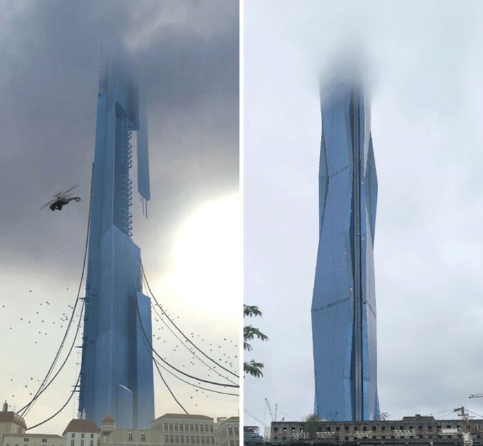 Futuristic skyscraper shrouded in fog with helicopter and cables, evoking a dystopian nightmare atmosphere.