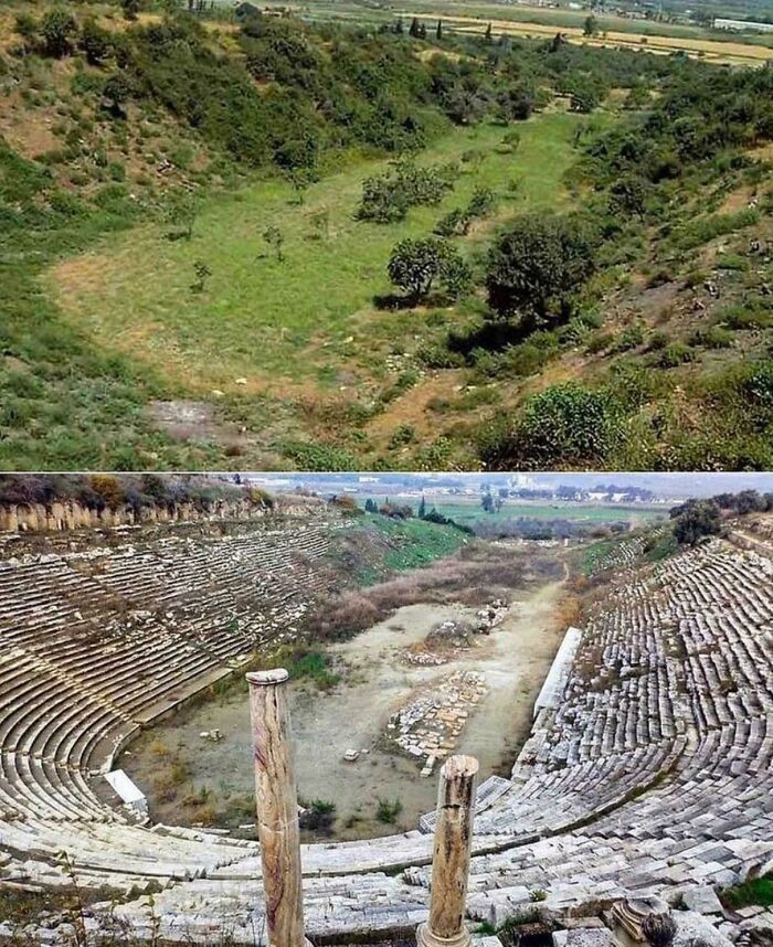 Amazing photo of an ancient stadium before and after excavation, revealing historical architecture and design.