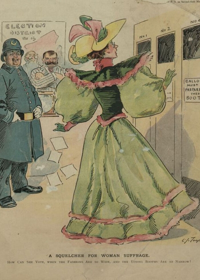 Victorian era illustration showing a woman in period dress at a narrow voting booth with policemen nearby.