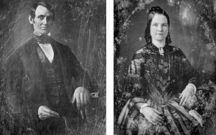 Black and white Victorian era photos of a man and a woman dressed in period clothing from the 19th century.