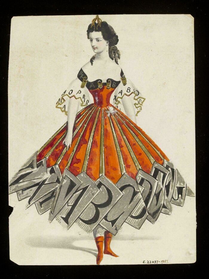 Victorian Era illustration of a woman in an ornate orange dress with alphabet letters decorating the skirt and sleeves.