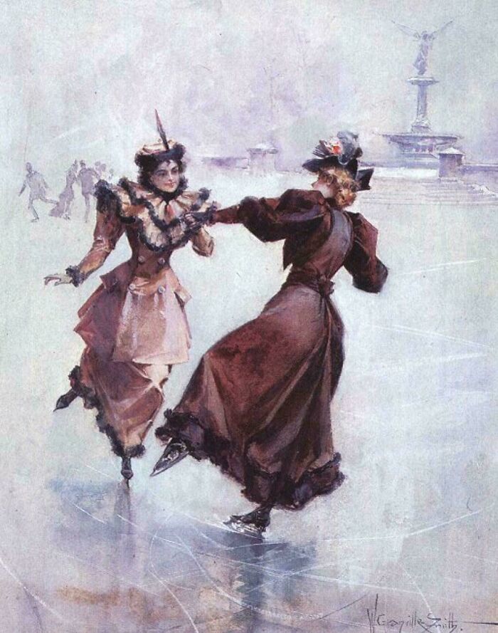 Two women in Victorian era attire ice skating near a fountain, capturing Victorian era fashion and leisure activities.
