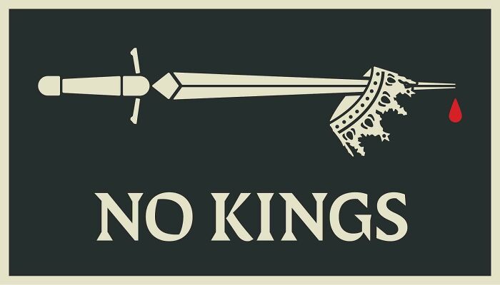 Graphic bumper sticker with a sword and broken crown saying no kings