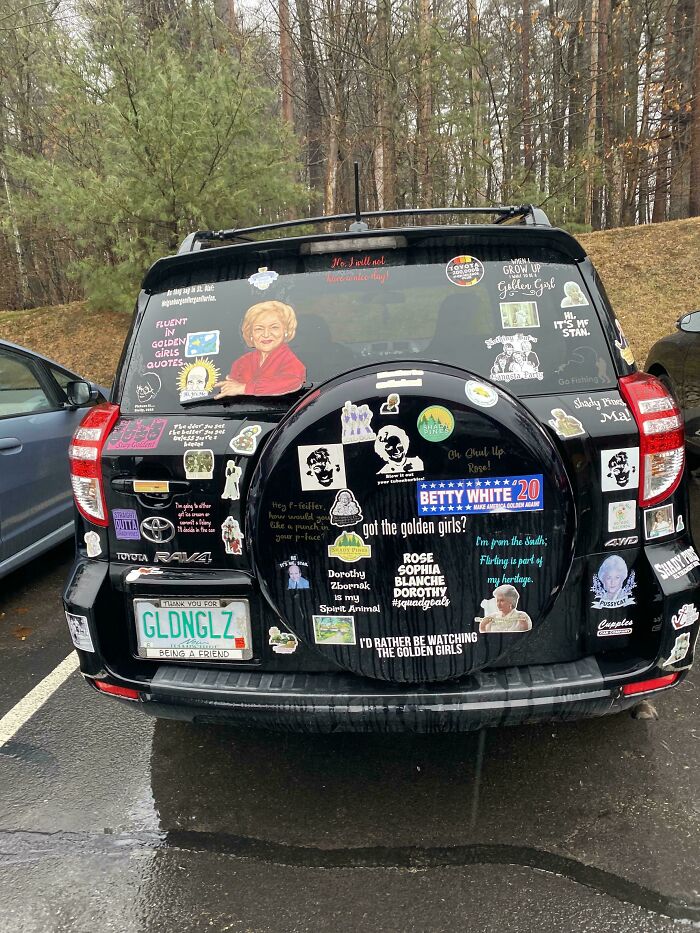 Car covered in Golden Girls themed bumper stickers and decals