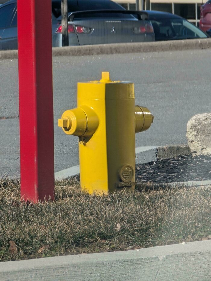 Yellow fire hydrant partially shadowed by a red pole, creating a confusing visual effect in a real-life setting.