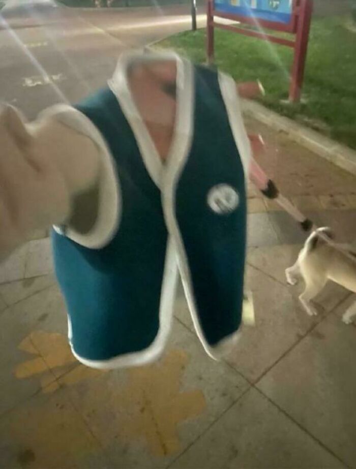 Blurry photo creating a misleading and confusing glitch-like effect with a headless vest and a dog on a leash outdoors at night