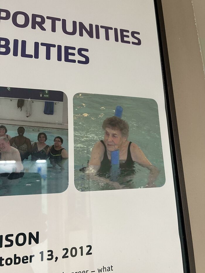 Elderly woman in pool with blue noodle appearing to go through her neck in a misleading and confusing photo glitch.