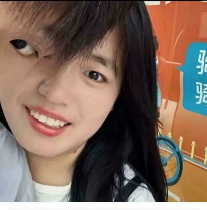 Close-up of a person with a distorted face effect, creating a misleading and confusing photo that looks like a glitch.