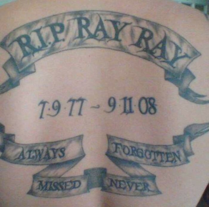 Tattoo memorial with incorrect dates that went so wrong, becoming an unintentional comedic gold sign.