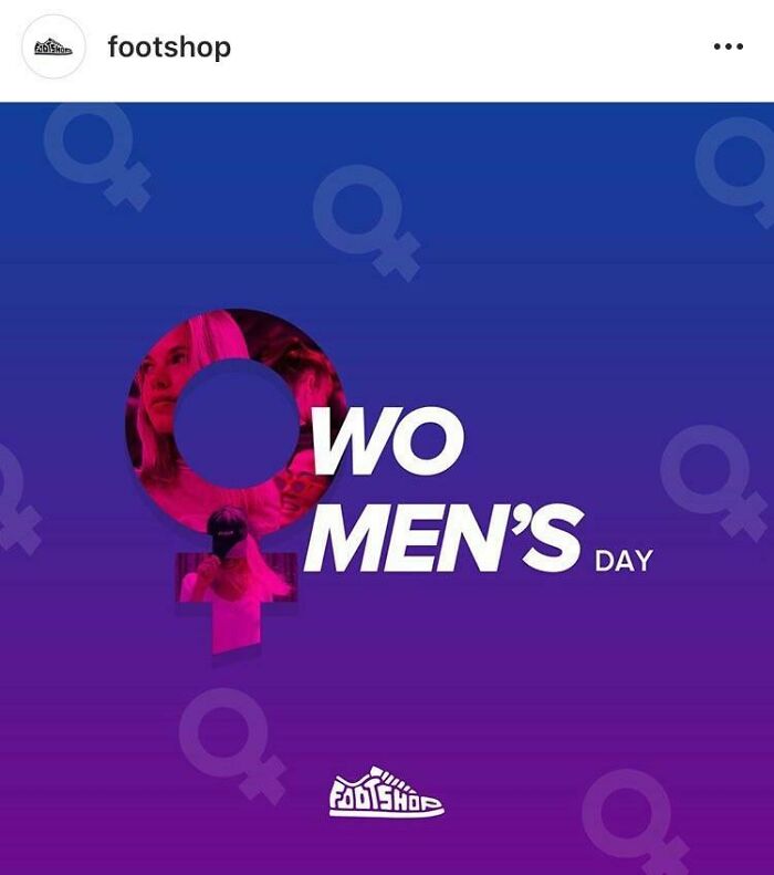 Comedic sign fail showing a creatively mistaken Women’s Day graphic with a bold purple background.