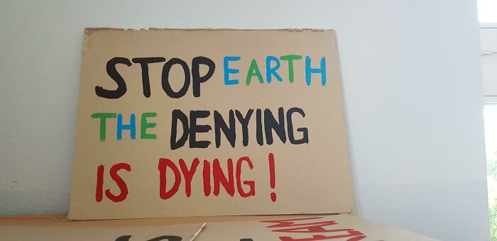 Handmade sign with colorful letters saying stop Earth the denying is dying, a comedic gold example of signs gone wrong.