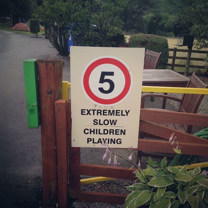Funny sign with a speed limit and the phrase extremely slow children playing, a comedic example of signs gone wrong.