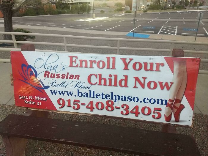 Sign with a misspelled web address for a ballet school encouraging parents to enroll their child now, humorously flawed design.