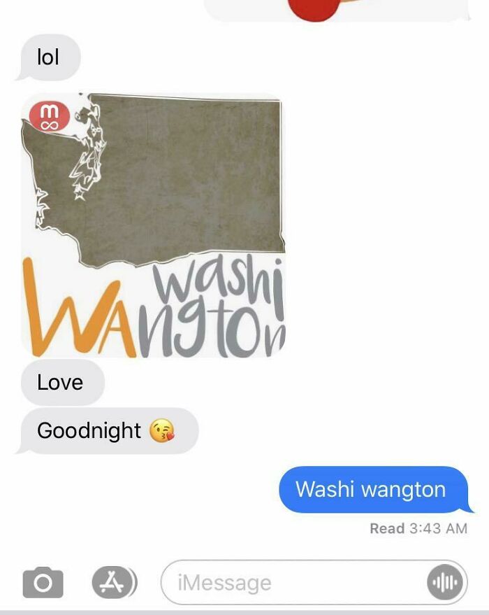 Text message conversation showing a humorous sign spelling error turning Washington into Washi wangton.
