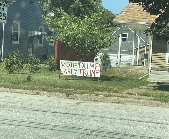 Yard sign with the message vote early dump Trump, an example of signs that went so wrong and became comedic gold.