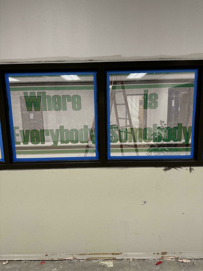 Window signs with misplaced words that went wrong, creating comedic gold with confusing text layout.