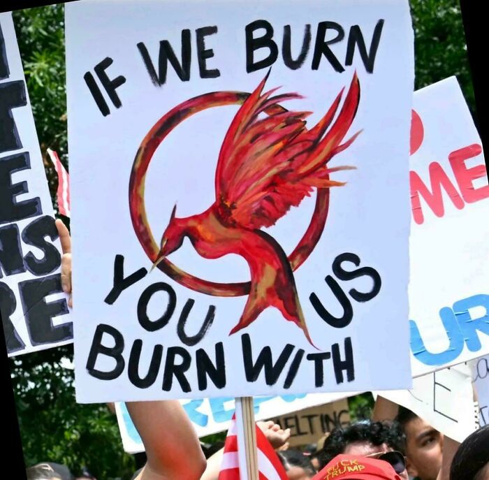 Protest sign with a bird and the phrase If we burn you burn with us, showcasing signs that went wrong and comedic gold.