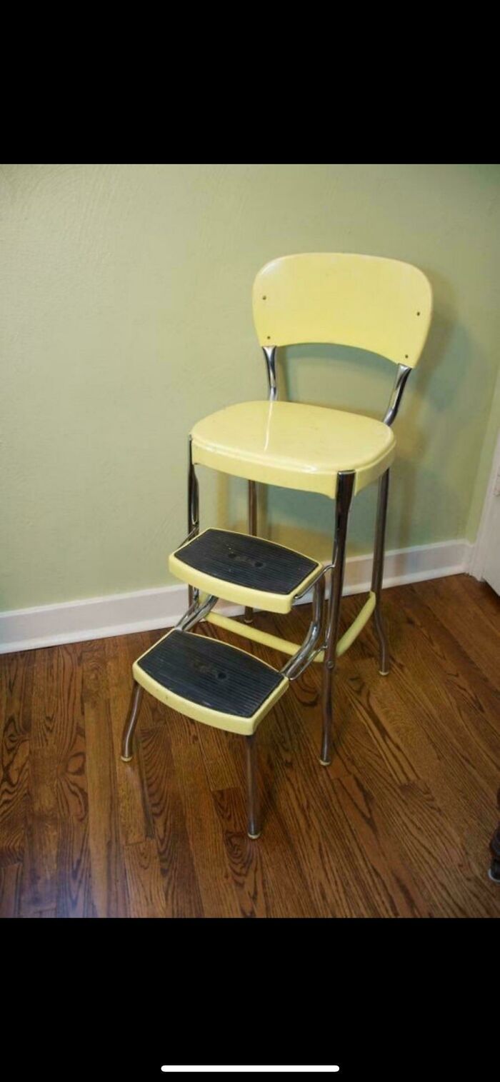 A vintage yellow kitchen step stool chair, a throwback image that will remind you how old you are.