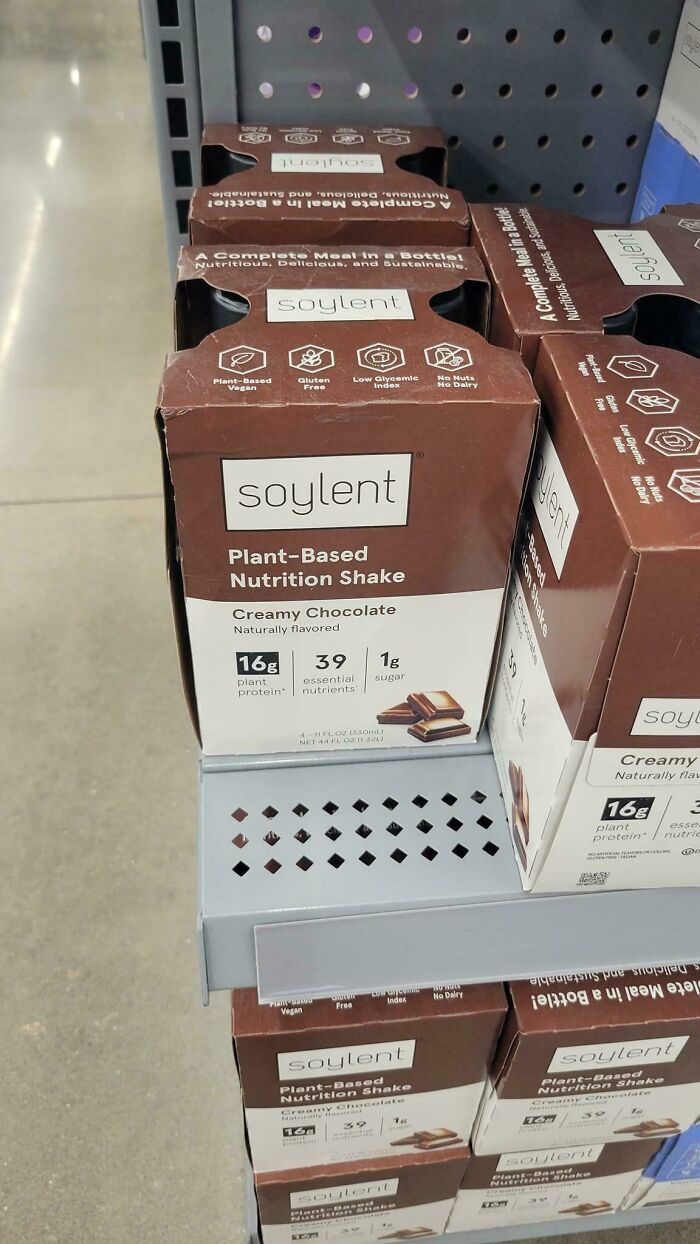 Boxes of Soylent Plant-Based Nutrition Shake on a store shelf, not an image to take you way back.