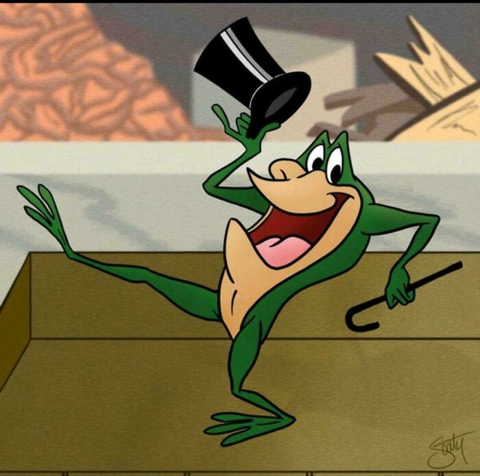 Michigan J. Frog tipping his top hat and holding a cane, an image that might take you way back.