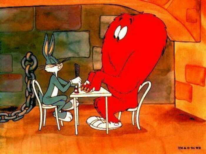 Bugs Bunny giving Gossamer a manicure, a nostalgic image that takes you way back and reminds you how old you are.