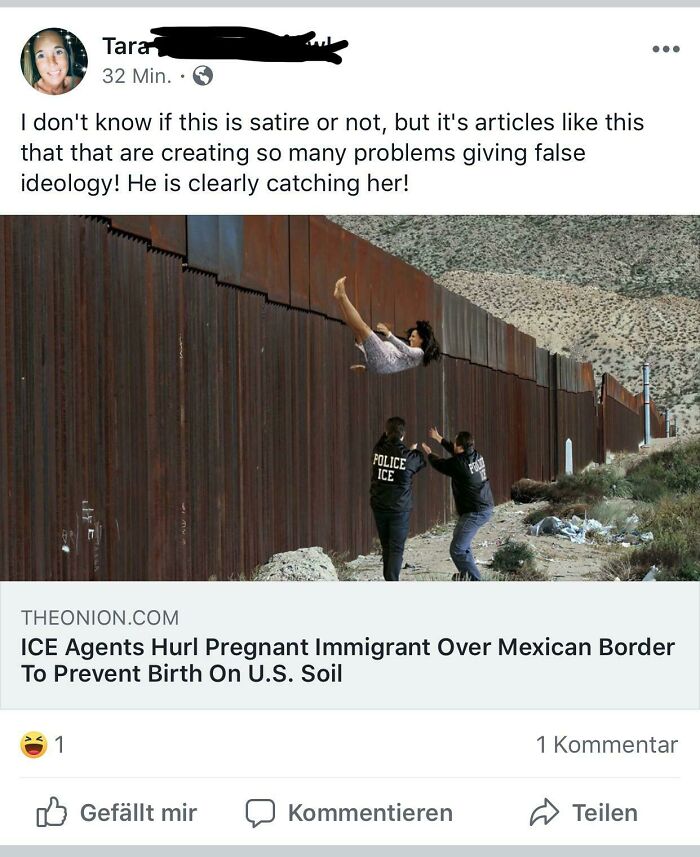 Satirical social media post about immigration with image of agents and a woman over a border wall.
