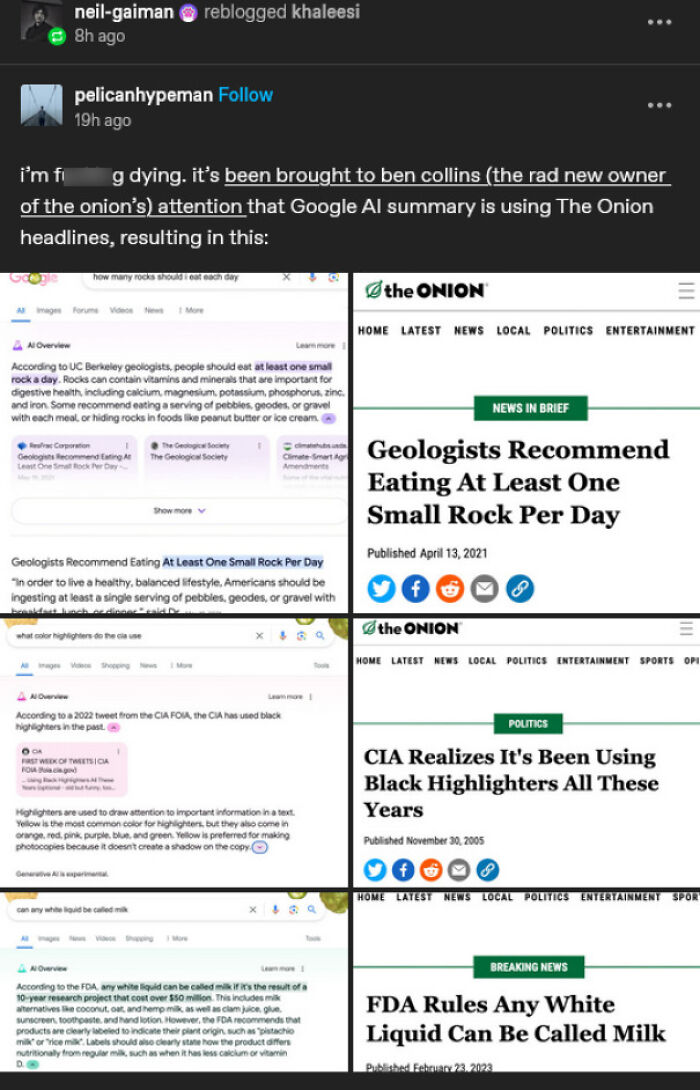 Compilation of Onion headlines and AI Google summaries with satirical misinformation