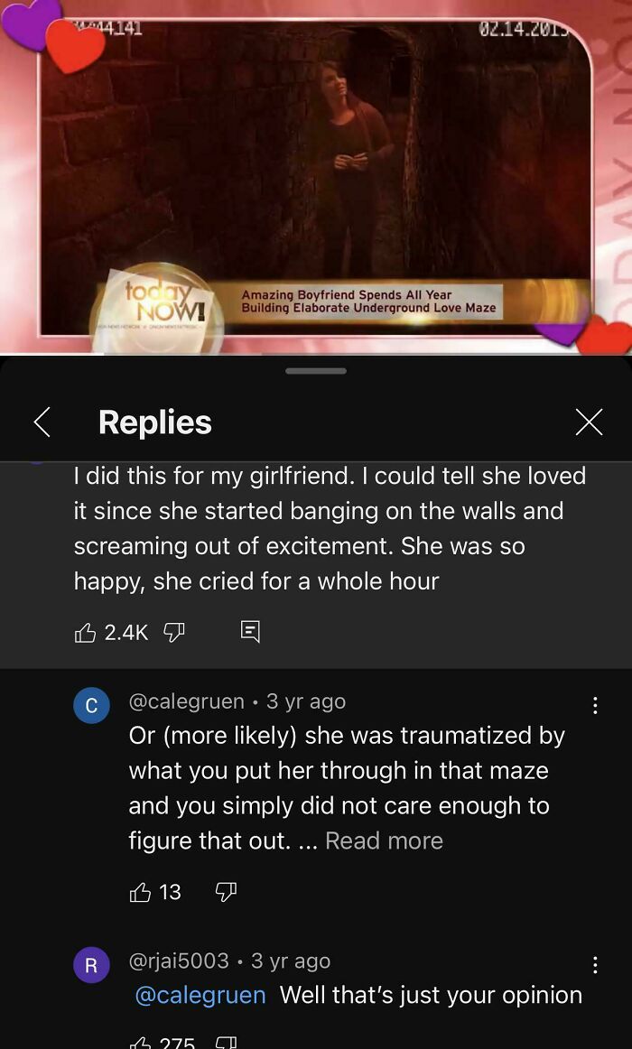 Screenshot of fake news about boyfriend building underground love maze